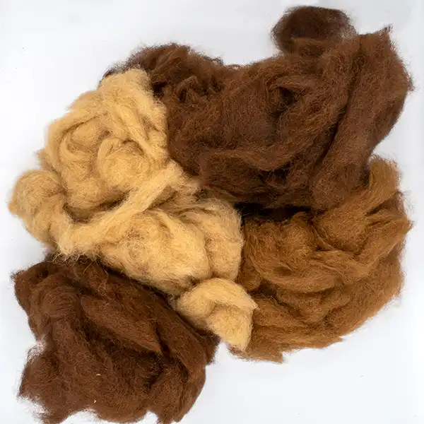 Four different brown carded alpaca fibre rovings