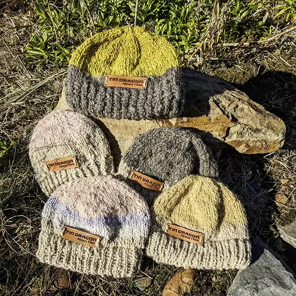 Five child's beanies are laying on rock in the sun